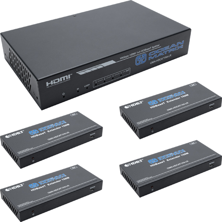 Get larger image of Ocean Matrix OMX-HDCAT1X4-LR 1x4 HDBaseT Splitter Extender Set- 4K60 up to 393ft/120m